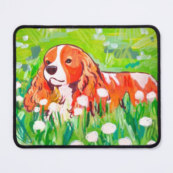Item preview, Cute Cavalier King Charles Spaniel in a Field of White Clover – Whimsical Dog Art designed and sold by Yaragold.
