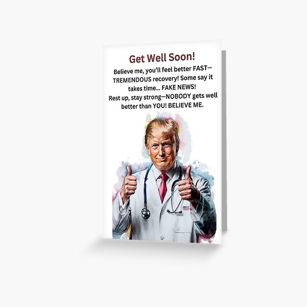 Vista previa del artículo con la obra «¡Que Trump se recupere pronto!», diseñado y vendido por Roy & Tiffany.