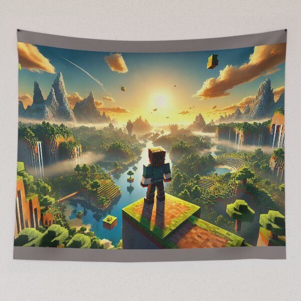 Item preview, Voxel Sunrise Explorer Scene – Pixel Adventure Landscape with Floating Blocks designed and sold by pixelpopplanet.