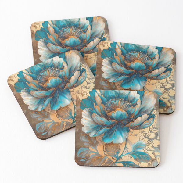 Item preview, Golden, Blue and Teal Peony Flower Painting designed and sold by MargaretWiktor.
