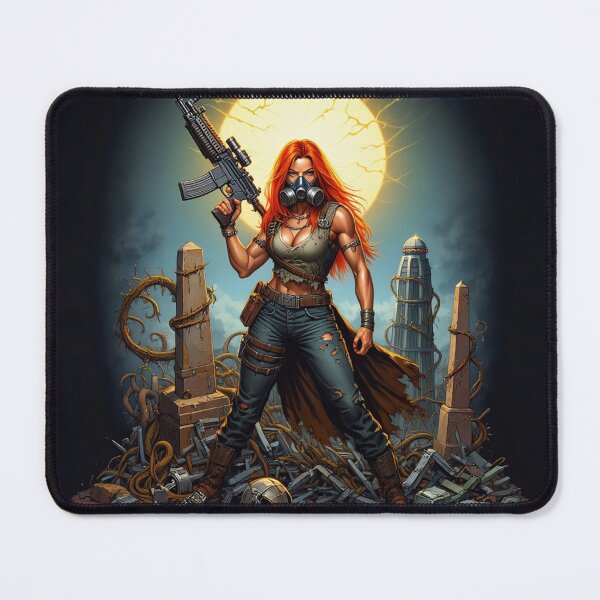 Item preview, Post Apocalyptic female warrior with gun heavy metal cool design designed and sold by Vintage Designs +.