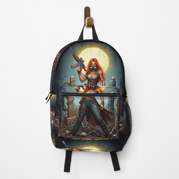 Item preview, Post Apocalyptic female warrior with gun heavy metal cool design designed and sold by Vintage Designs +.
