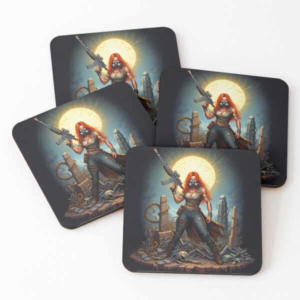 Item preview, Post Apocalyptic female warrior with gun heavy metal cool design designed and sold by Vintage Designs +.