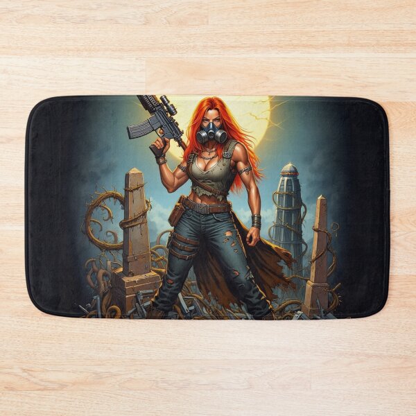 Item preview, Post Apocalyptic female warrior with gun heavy metal cool design designed and sold by Vintage Designs +.