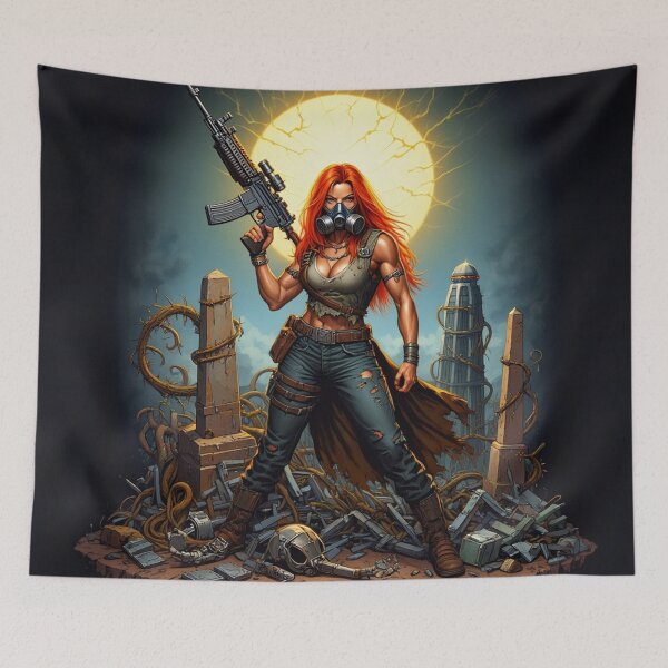 Item preview, Post Apocalyptic female warrior with gun heavy metal cool design designed and sold by Vintage Designs +.
