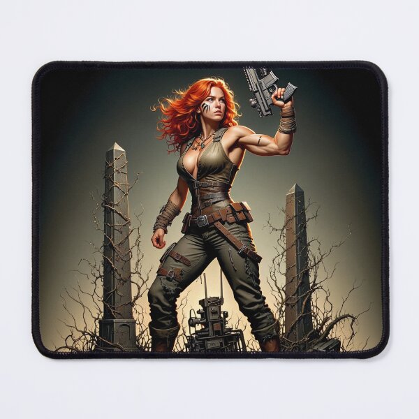 Item preview, Post Apocalyptic female warrior with gun heavy metal cool design designed and sold by Vintage Designs +.