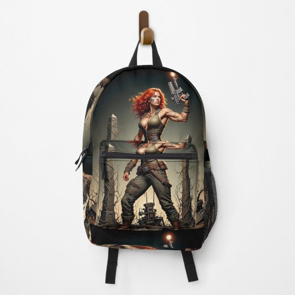 Item preview, Post Apocalyptic female warrior with gun heavy metal cool design designed and sold by Vintage Designs +.
