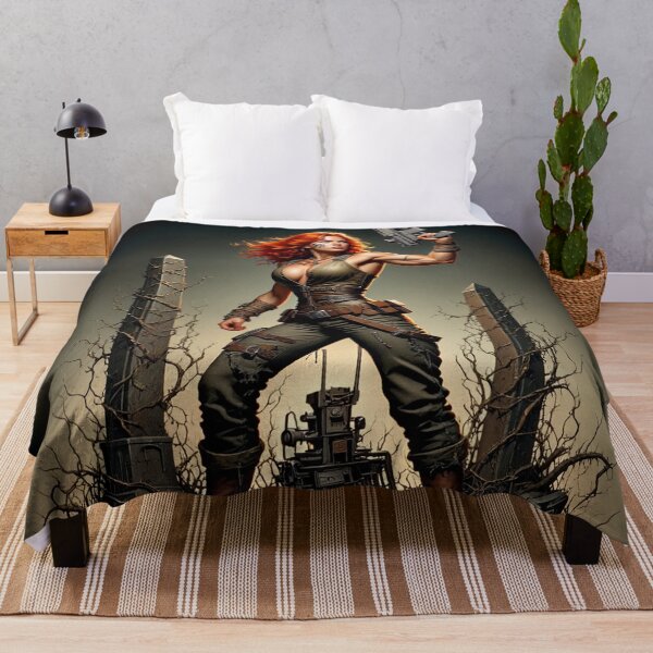 Item preview, Post Apocalyptic female warrior with gun heavy metal cool design designed and sold by Vintage Designs +.