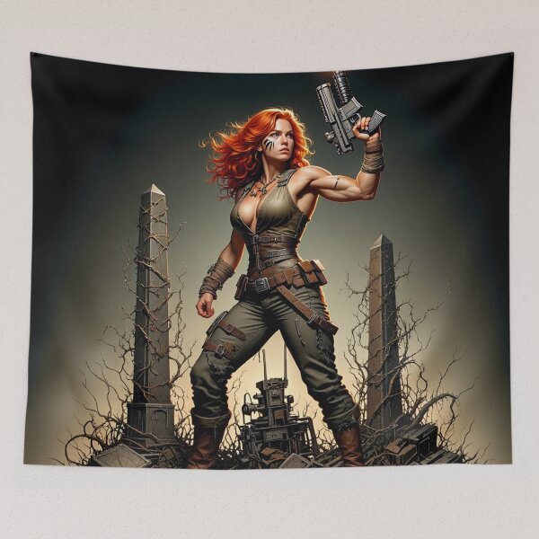 Item preview,  Post Apocalyptic female warrior with gun heavy metal cool design designed and sold by Vintage Designs +.