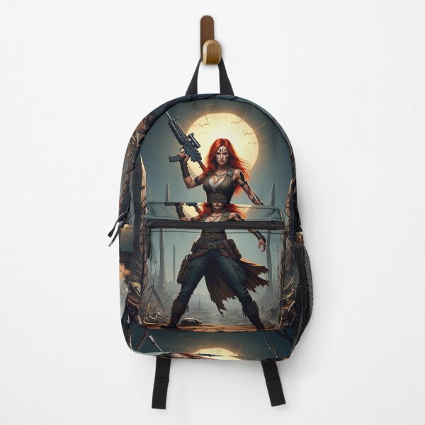 Item preview, Post Apocalyptic female warrior with gun heavy metal cool design designed and sold by Vintage Designs +.