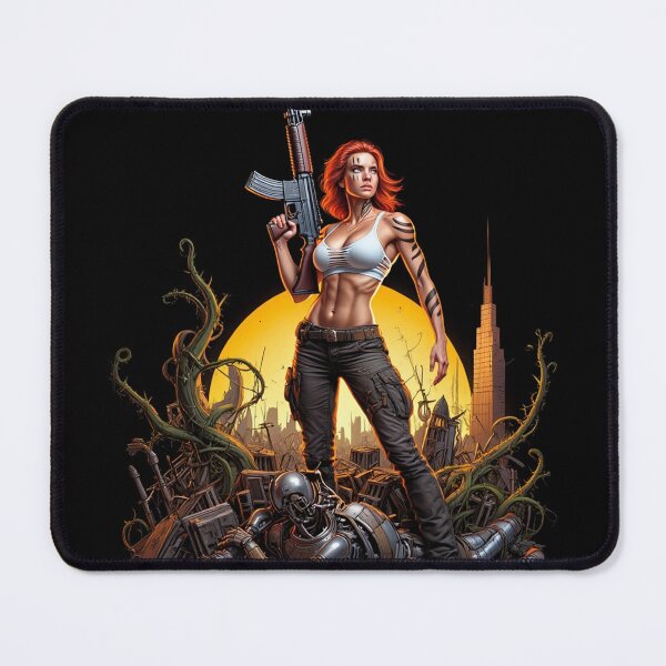 Item preview, Post Apocalyptic female warrior with gun heavy metal cool design designed and sold by Vintage Designs +.