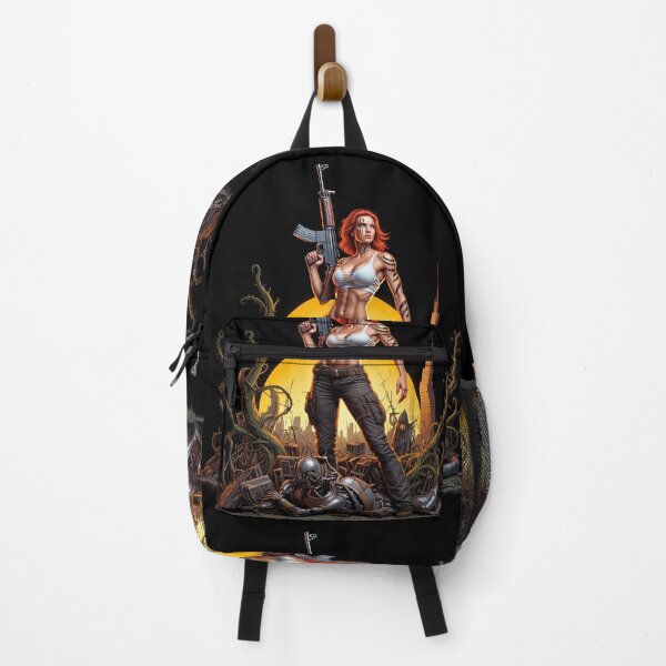 Item preview, Post Apocalyptic female warrior with gun heavy metal cool design designed and sold by Vintage Designs +.