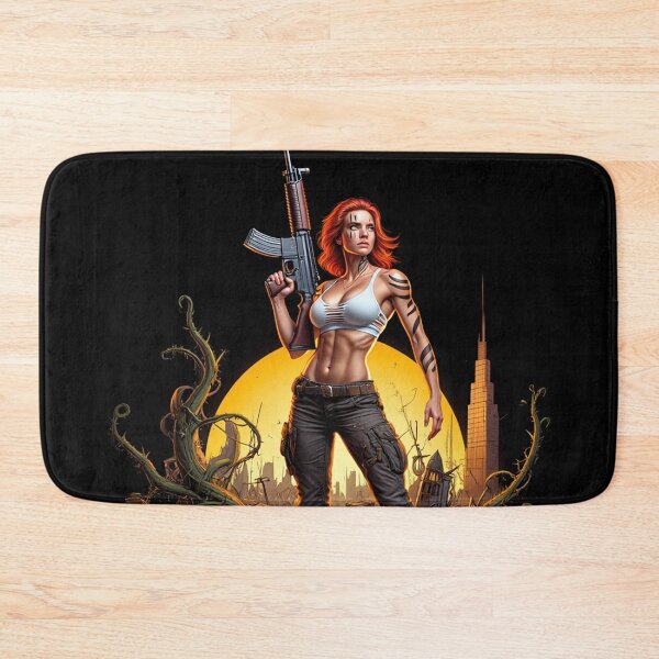 Item preview, Post Apocalyptic female warrior with gun heavy metal cool design designed and sold by Vintage Designs +.