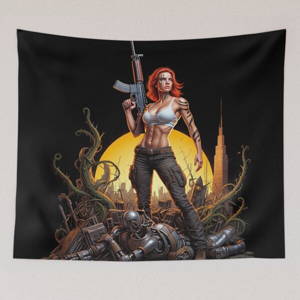 Item preview, Post Apocalyptic female warrior with gun heavy metal cool design designed and sold by Vintage Designs +.