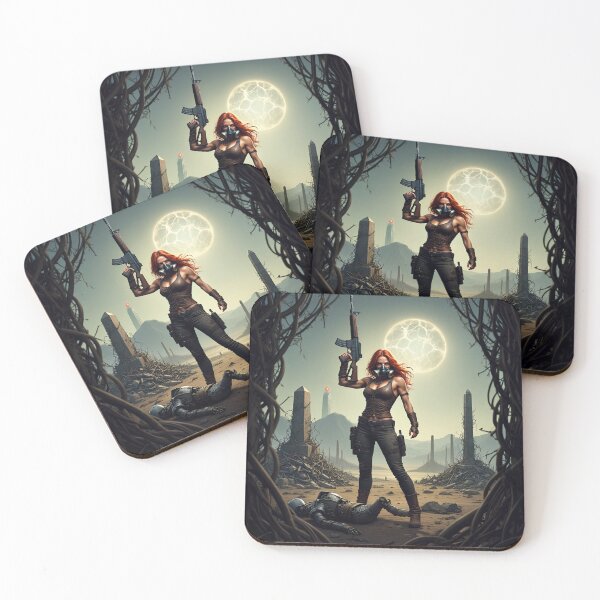 Item preview, Post Apocalyptic female warrior with gun heavy metal cool design designed and sold by Vintage Designs +.