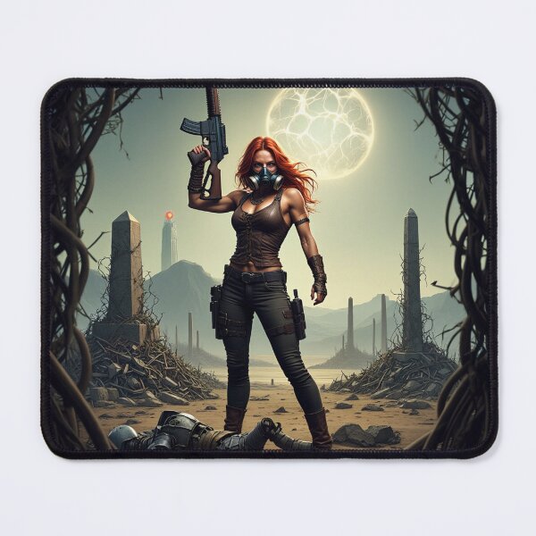 Item preview, Post Apocalyptic female warrior with gun heavy metal cool design designed and sold by Vintage Designs +.