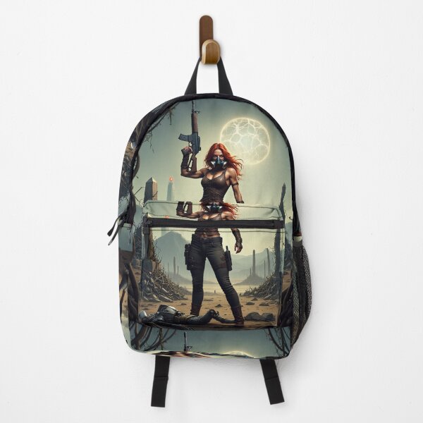 Item preview, Post Apocalyptic female warrior with gun heavy metal cool design designed and sold by Vintage Designs +.
