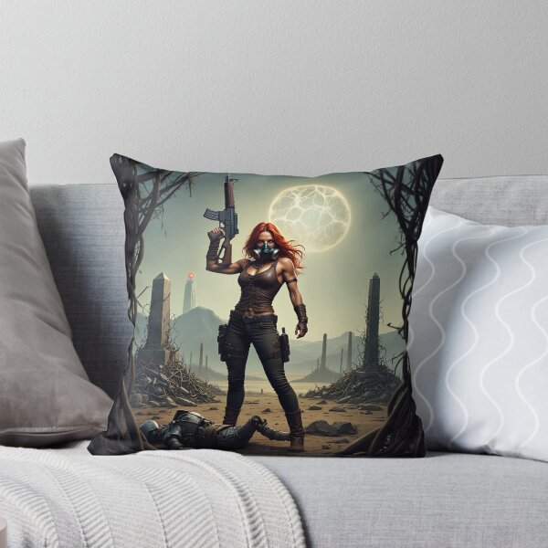 Item preview, Post Apocalyptic female warrior with gun heavy metal cool design designed and sold by Vintage Designs +.