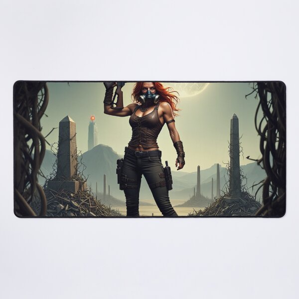 Item preview, Post Apocalyptic female warrior with gun heavy metal cool design designed and sold by Vintage Designs +.