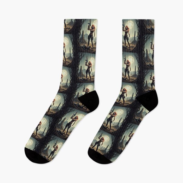 Item preview, Post Apocalyptic female warrior with gun heavy metal cool design designed and sold by Vintage Designs +.