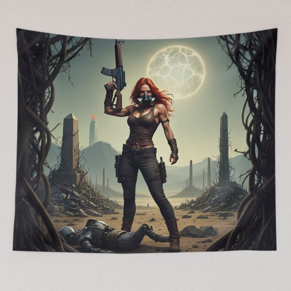 Item preview, Post Apocalyptic female warrior with gun heavy metal cool design designed and sold by Vintage Designs +.