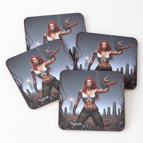Item preview, Post Apocalyptic female warrior with gun heavy metal cool design designed and sold by Vintage Designs +.