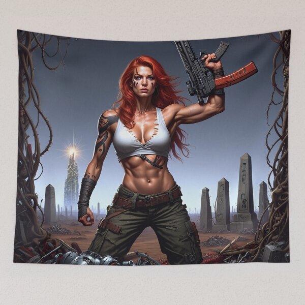 Item preview, Post Apocalyptic female warrior with gun heavy metal cool design designed and sold by Vintage Designs +.