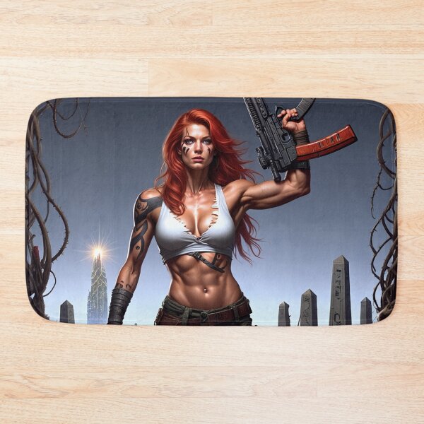 Item preview, Post Apocalyptic female warrior with gun heavy metal cool design designed and sold by Vintage Designs +.