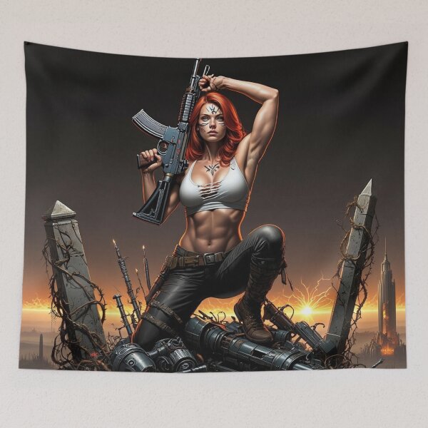 Item preview,  Post Apocalyptic female warrior with gun heavy metal cool design designed and sold by Vintage Designs +.