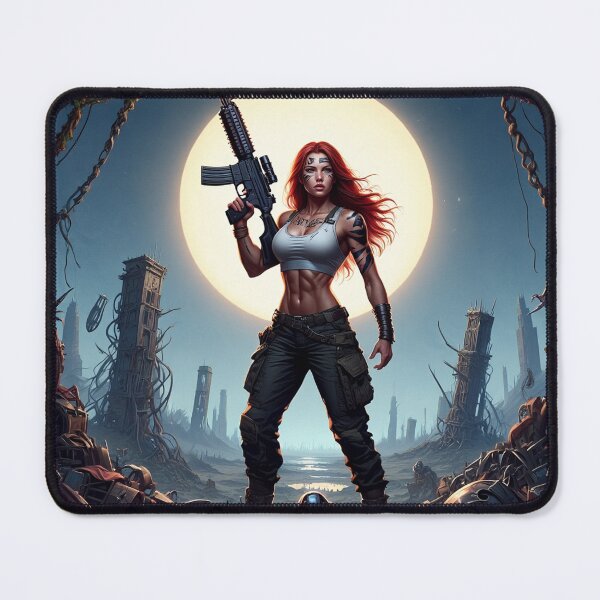 Item preview, Post Apocalyptic female warrior with gun heavy metal cool design designed and sold by Vintage Designs +.