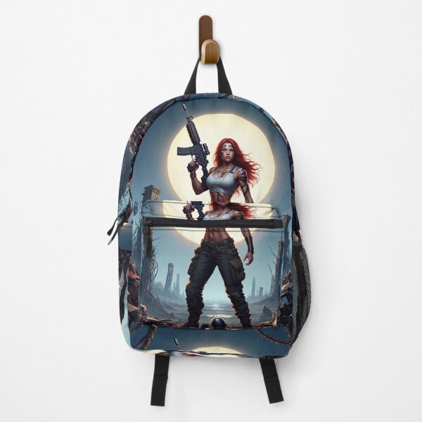 Item preview, Post Apocalyptic female warrior with gun heavy metal cool design designed and sold by Vintage Designs +.