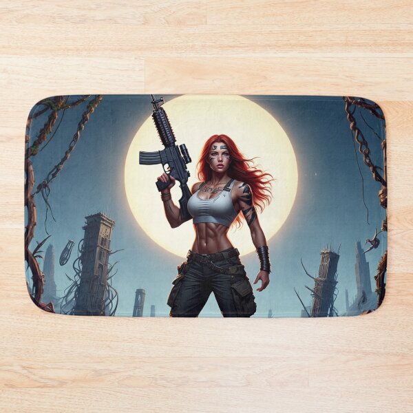 Item preview,  Post Apocalyptic female warrior with gun heavy metal cool design designed and sold by Vintage Designs +.