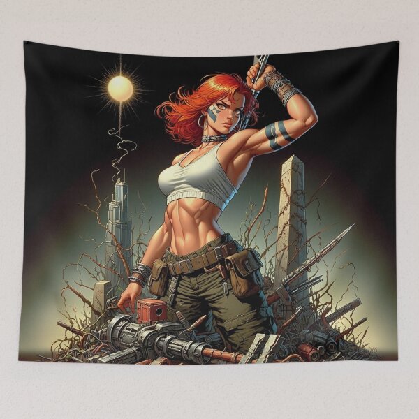 Item preview, Post Apocalyptic female warrior with gun heavy metal cool design designed and sold by Vintage Designs +.
