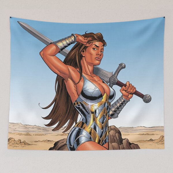 Item preview, Fantasy female warrior woman with sword and armor comic book style vintage art designed and sold by Vintage Designs +.