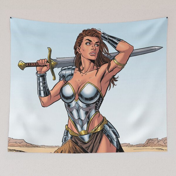 Item preview, f Fantasy female warrior woman with sword and armor comic book style vintage art designed and sold by Vintage Designs +.