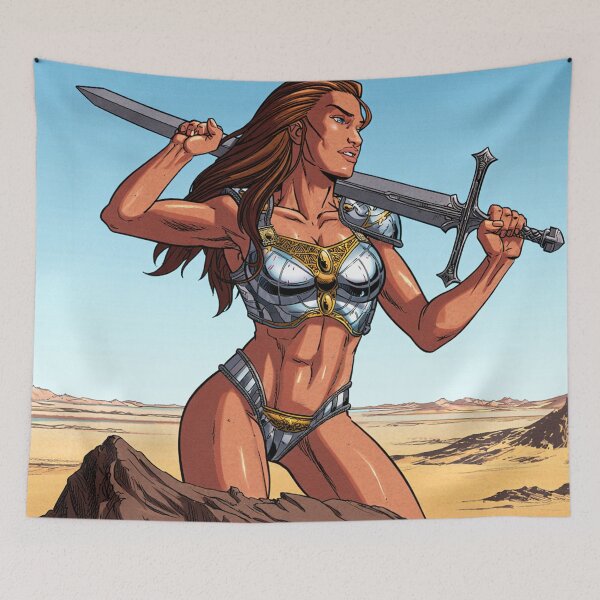 Item preview, Fantasy female warrior woman with sword and armor comic book style vintage art designed and sold by Vintage Designs +.