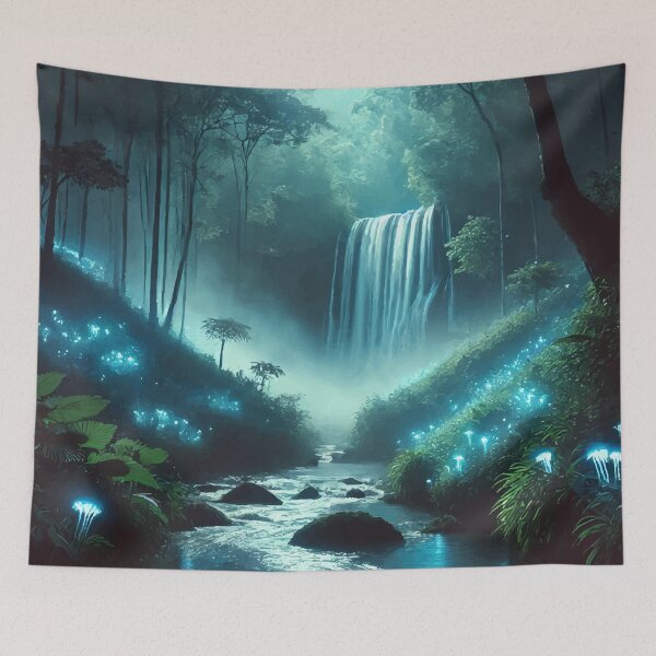 Item preview, Moonlit Serenity: A Glowing Waterfall in the Mystical Forest designed and sold by AbstractAnom.