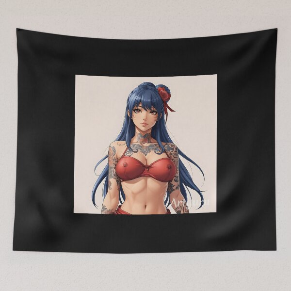 Item preview, Japanese manga girl with tattoos, 80s, red bikini. designed and sold by EpicMerchRealm.