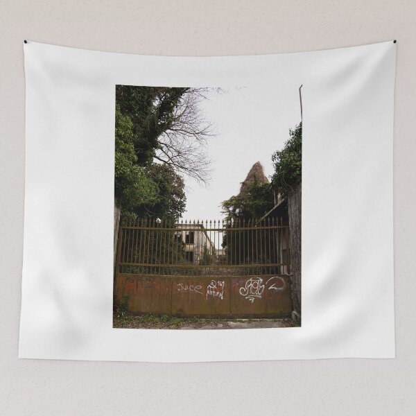 Item preview, Abandoned Building Behind Rusted Gate with Urban Graffiti designed and sold by tommy3613.
