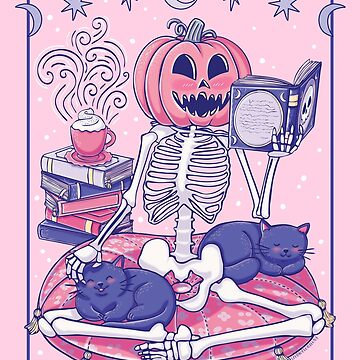 Artwork thumbnail, Cute Pumpkin-Head Skeleton Reading With Cats by StudioFloraLuna