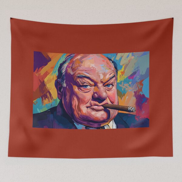 Item preview, Winston Churchill in Color - Bold Portrait with Cigar and Vibrant Abstract Energy designed and sold by OlfactoART Studio.