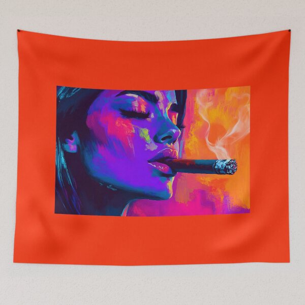 Item preview, Confident Cigar Moments - Bold and Vibrant Woman with Dynamic Colors designed and sold by OlfactoART Studio.