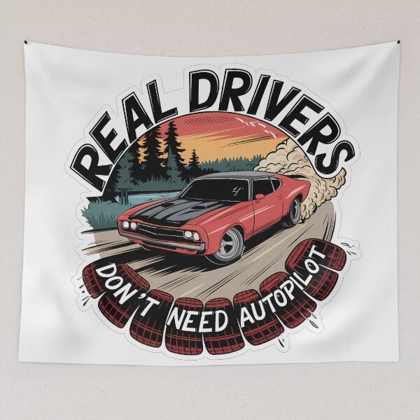 Item preview, Real Drivers Don’t Need Autopilot – Sunset Drift Muscle Car Art designed and sold by KateVil.