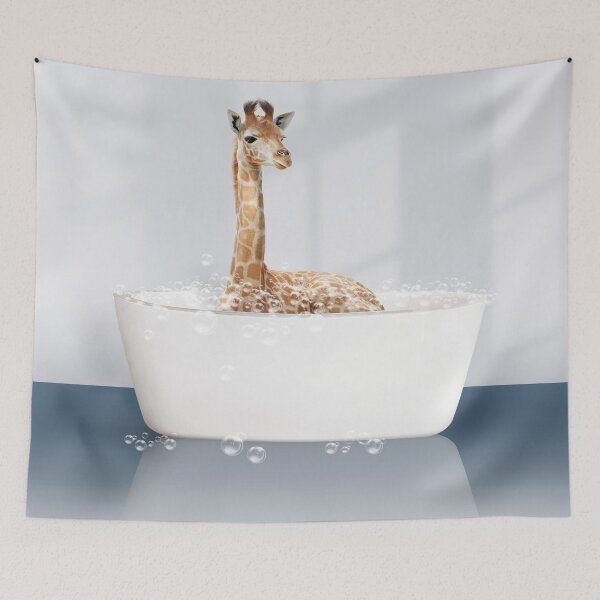 Item preview, Baby Giraffe in Modern Bathtub Blue Print, Baby Giraffe Bathing, Animals in Bathtub Art by Synplus designed and sold by synplus.