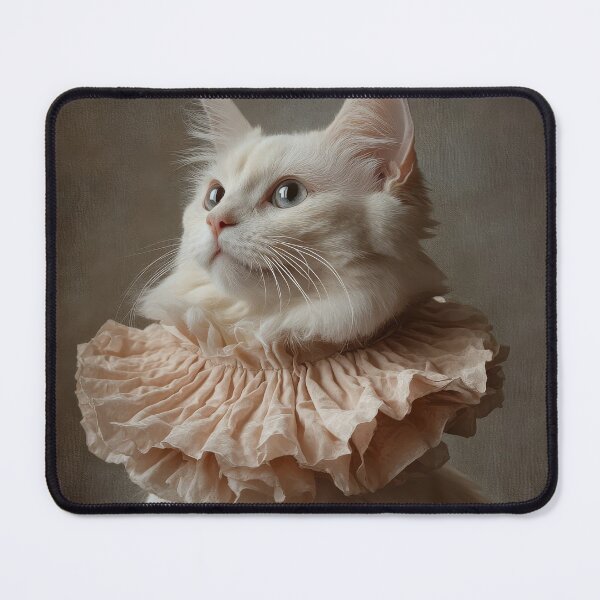 Item preview, White cat wearing an elaborate ruffled collar reminiscent of attire from the Renaissance or Baroque period. designed and sold by Julia Shepeleva.