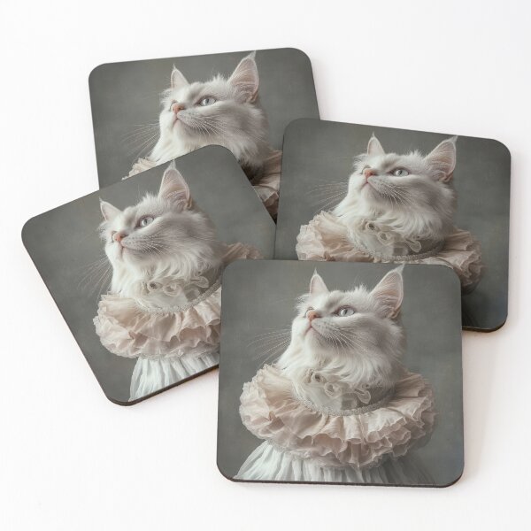 Item preview, White cat wearing an elaborate ruffled collar reminiscent of attire from the Renaissance or Baroque period designed and sold by Julia Shepeleva.
