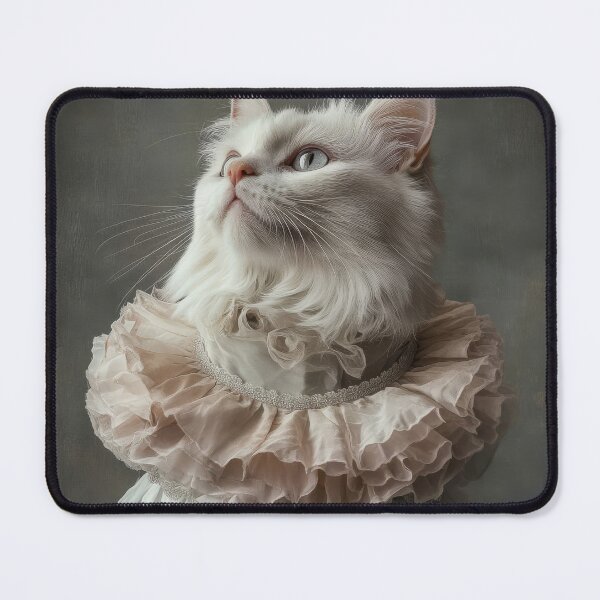 Item preview, White cat wearing an elaborate ruffled collar reminiscent of attire from the Renaissance or Baroque period designed and sold by Julia Shepeleva.