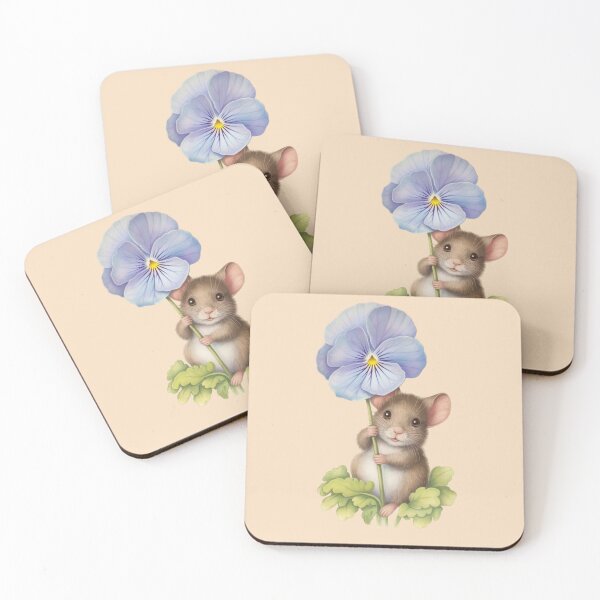 Item preview, a sweet, wide-eyed little mouse with soft, fuzzy fur clings gently to the stem of a large blue pansy flower designed and sold by 123ks.