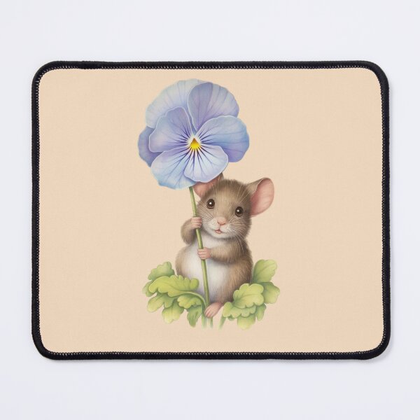 Item preview, a sweet, wide-eyed little mouse with soft, fuzzy fur clings gently to the stem of a large blue pansy flower designed and sold by 123ks.