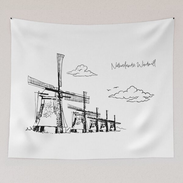 Item preview, Netherlands, Windmills Line Art - Minimalist Dutch Landscape Illustration designed and sold by Art of Ngu.